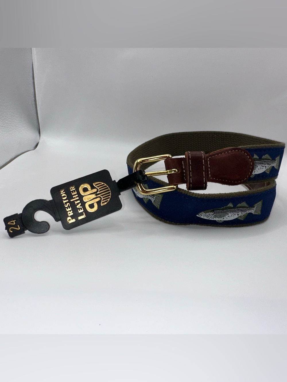 Preston Leather Bass Fishing Belt Solid Brass Buckle Kids Size 24 Made in USA
